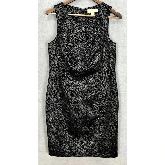 Michael Kors Midi Sheath Dress Womens 10 Black Animal Cheetah Sleeveless Chic - Picture 1 of 9
